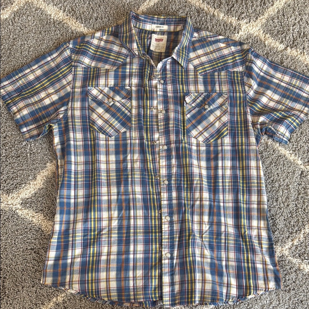 🖤Pick 5/$25 Levis Shirt Mens XL Blue Plaid Pearl Snap Button Down Shirt Western